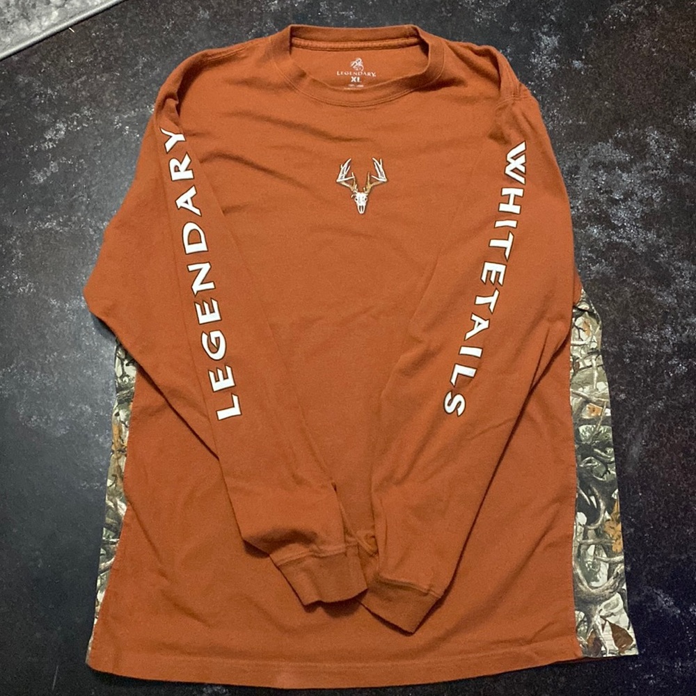 Legendary Whitetails long sleeve tee, burnt orange with camo, Mens XL